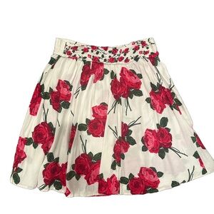 VTG Floral Print Skirt - Red Roses on White